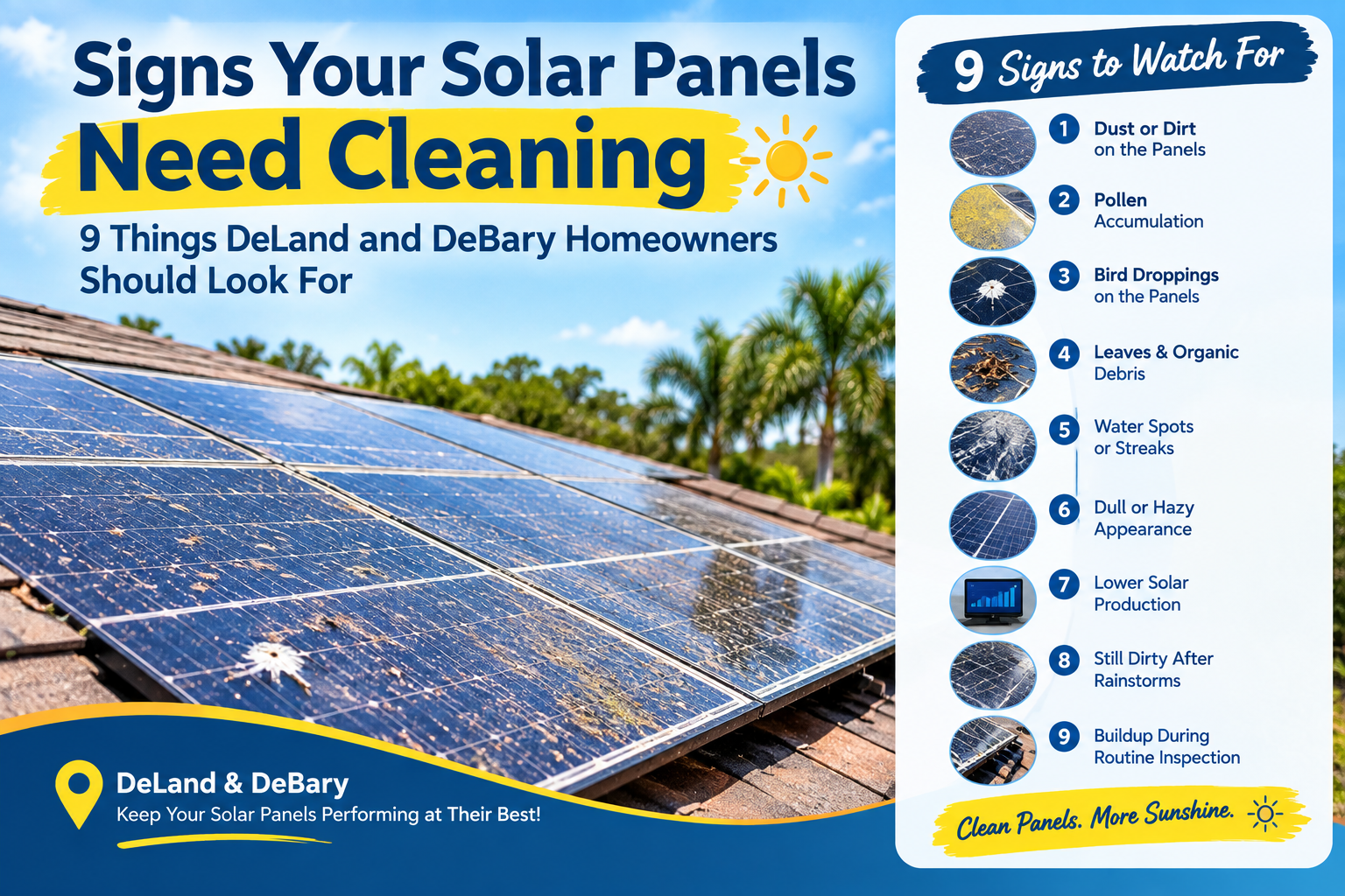 9 signs solar panels need cleaning in DeLand and DeBary, including dust, pollen, bird droppings, leaves, water spots, and lower solar production