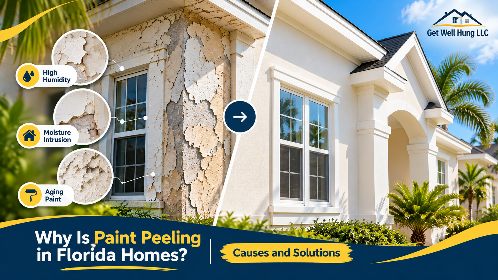 Peeling exterior paint on a Florida home showing humidity and moisture damage compared with a freshly painted exterior.