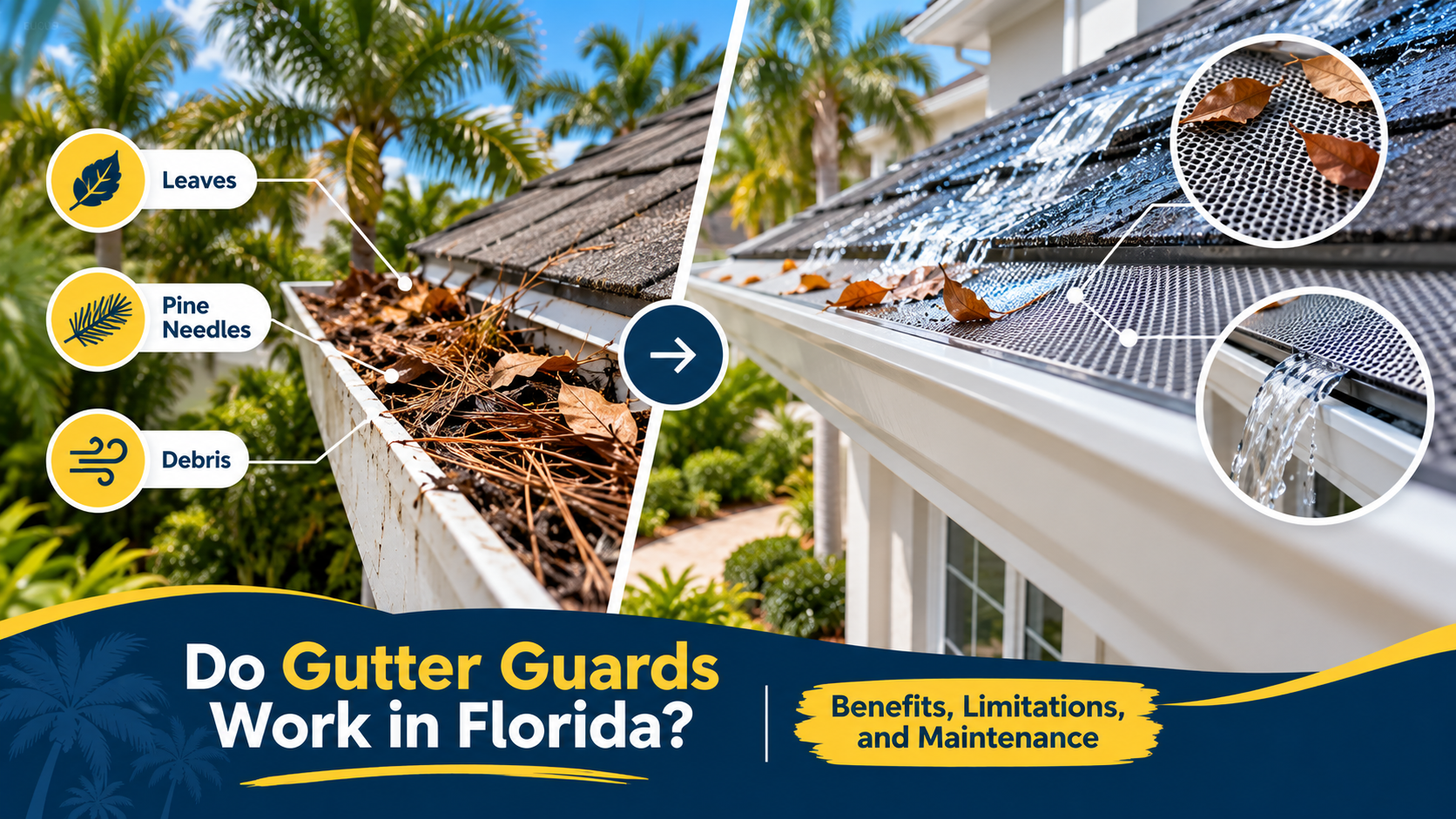 Gutter guards in Florida helping reduce leaves, pine needles, and debris entering residential gutters.