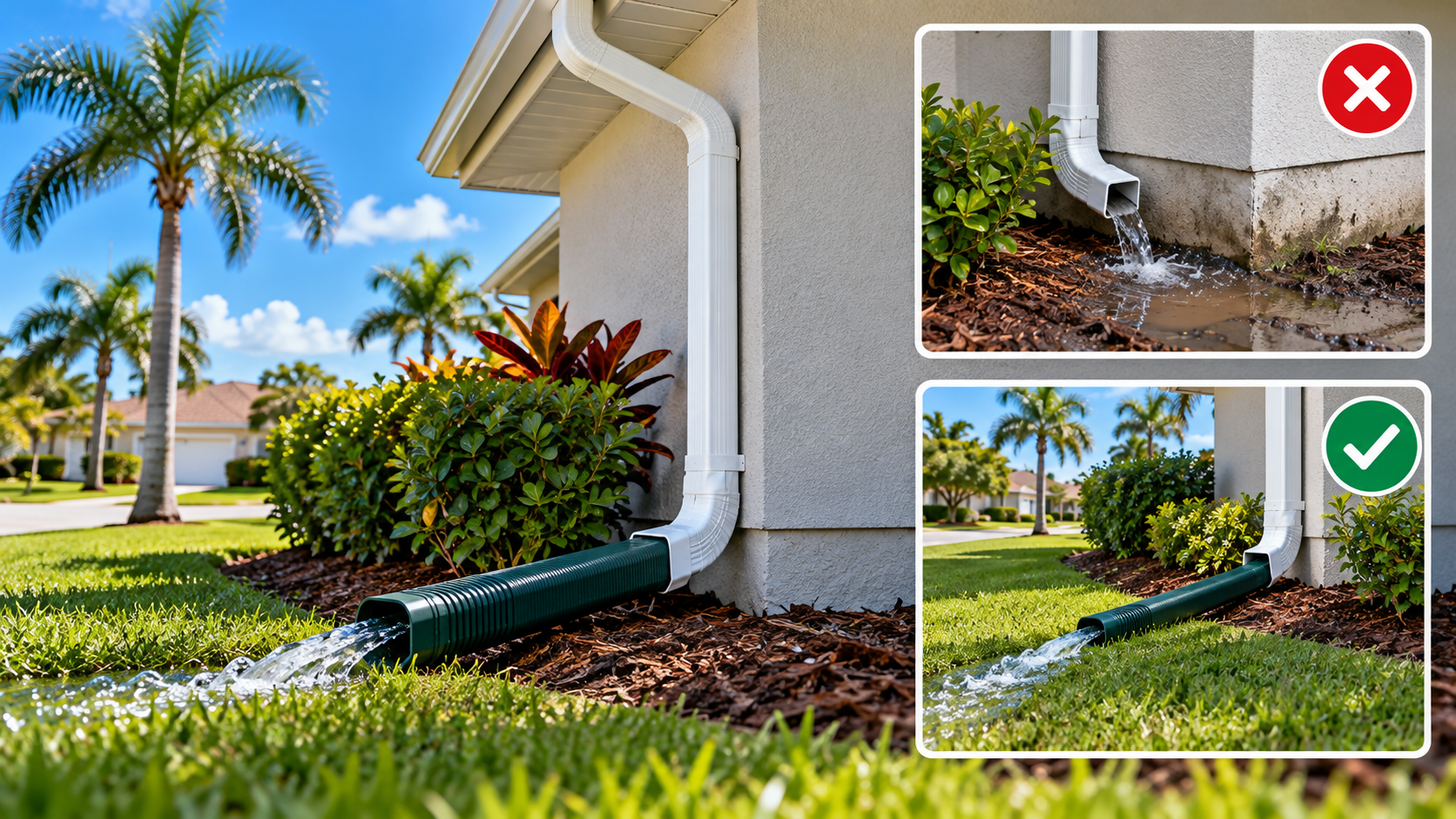 Gutter downspout extension directing rainwater away from a Florida home's foundation to help prevent water pooling.