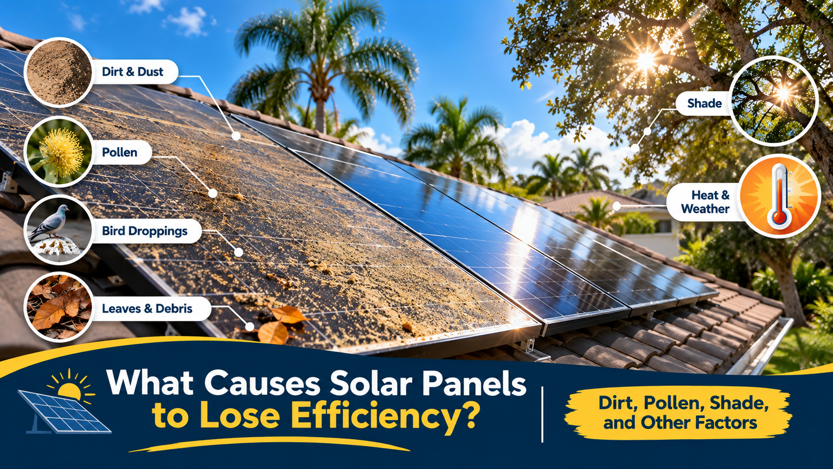 Solar panels affected by dirt, pollen, bird droppings, leaves, and tree shade that can reduce solar energy production.